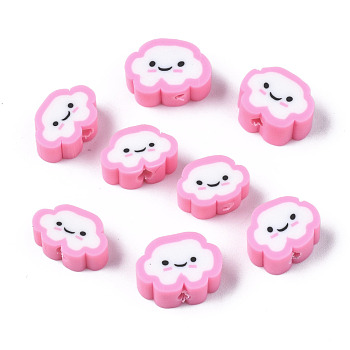 Handmade Polymer Clay Beads, Cloud with Smiling Face, Pearl Pink, 6~8.5x10~11.5x4.5~5.5mm, Hole: 1.8mm