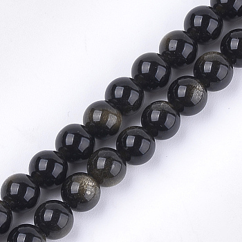 Natural Golden Sheen Obsidian Beads Strands, Grade A, Round, 6mm, Hole: 0.8mm, about 30~33pcs/strand, 7.6 inch
