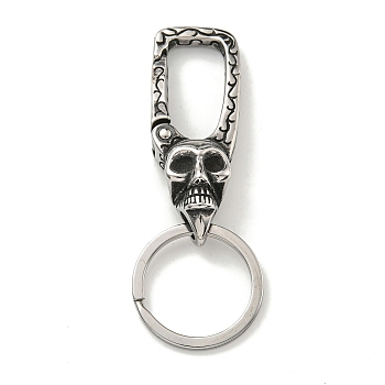 Tibetan Style 316 Surgical Stainless Steel Fittings with 304 Stainless Steel Key Ring, Skull, Antique Silver, 78mm
