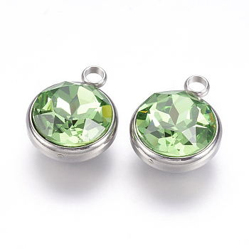 Glass Rhinestone Charms, with 304 Stainless Steel Findings, Faceted, Flat Round, Stainless Steel Color, Peridot, 14x10x7mm, Hole: 2.5mm