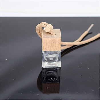 Empty Glass Perfume Bottle Pendants, Aromatherapy Fragrance Essential Oil Diffuser Bottle, with Coffee Color Cord, Car Hanging Decor, with Wood Lid, Square, 3.88x2.63cm