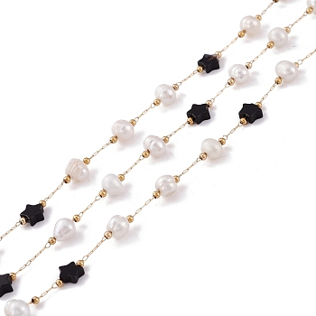 Natural Black Agate Star and Pearl Beaded Chains, with Stainless Steel Findings, Long-Lasting Plated, Soldered, with Spool, Golden, Link: 2x0.5x0.1mm, Bead: 5.5~7x5.5~6mm, Star: 6x6~6.5x2.5~3mm