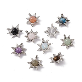 Natural & Synthetic Mixed Gemstone Pendants, Sun Charms, with Rack Plating Platinum Tone Brass Findings, Cadmium Free & Lead Free, 26~28x24~28x10mm, Hole: 2x4mm