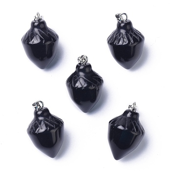 Natural Obsidian Pendants, with Platinum Brass Loops, Food, 24~25x15.5~16mm, Hole: 6.5x2.7mm