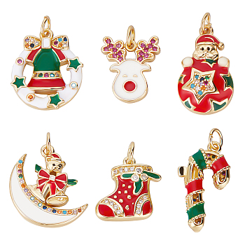 6Pcs 6 Style Brass Micro Pave Clear Cubic Zirconia Pendants, with Red & Green Enamel & Jump Rings, Long-Lasting Plated, For Christmas, Reindeer/Stag & Santa Claus & Christmas Candy Cane, Mixed Color, 14.5~20.5x11.5~18x2.5~4mm, Hole: 3mm, Jump Ring: 5x1mm, 1pc/style