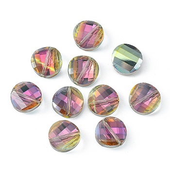 Electroplate Glass Beads, Faceted, Half Rainbow Plated, Flat Round, Colorful, 14x6.5mm, Hole: 1.2mm