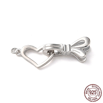 Rhodium Plated 925 Sterling Silver Fold Over Clasps, Long-Lasting Plated, Heart Bowknot with 925 Stamp, Real Platinum Plated, Heart: 14x8x2mm, Clasp: 16.5x5.5x7.5mm, Ring: 3x0.5mm, Inner diameter: 2mm