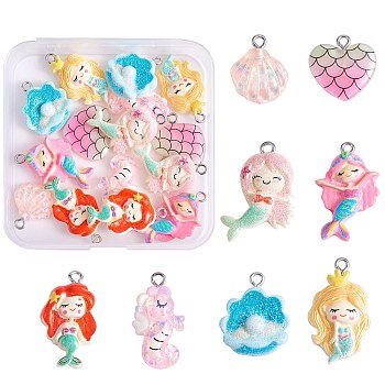 32Pcs 8 Styles Opaque & Transparent Resin Pendants, Mermaid Theme Charm, with Sequins and Platinum Tone Iron Loops, Mermaid & Shell & Heart, Mixed Shapes, Mixed Color, 18~28x14~19x4~6mm, Hole: 2mm, 4pcs/style