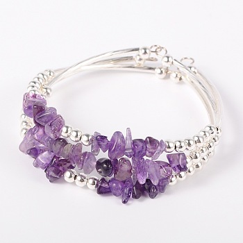 Gemstone Chip Bead Cuff Bracelets, with Brass Tube Beads and Iron Round Beads, Silver Color Plated, Amethyst, 50x55mm