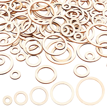 AHADEMAKER 100Pcs 5 Style Unfinished Wood Linking Rings, Laser Cut Wooden Embellishments, Round Ring, Antique White, 20~60x2.5mm, Inner Diameter: 10~50mm, 20pcs/style