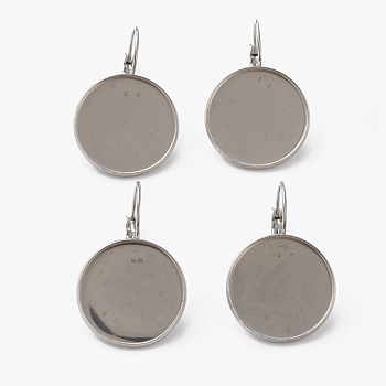 304 Stainless Steel Leverback Earring Findings, with Flat Round Setting for Cabochon, Stainless Steel Color, 30~33.5x21.5mm, Pin: 0.8mm, Tray: 20mm