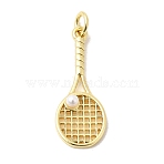 Brass with ABS Plastic Imitation Pearl Pendants, Racket Charms, Long-Lasting Plated, Cadmium Free & Lead Free, with Jump Ring, Golden, 25x10x3.5mm, Hole: 3mm(KK-P343-07G)