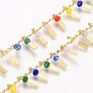 3.28 Feet Handmade Glass Beaded Chains, with Real 18K Gold Plated Brass Curb Chains, Long-Lasting Plated, Soldered, Lead Free & Cadmium Free, Rectangle, Colorful, 2.5x1.8x0.3mm, Rectangle: 9x3x3mm(X-CHC-I029-09J)