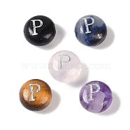 Natural Mixed Gemstone Beads, Flat Round with Letter, Letter P, 8.5~9x5~5.5mm, Hole: 1.2mm(G-L524-20P)