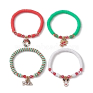 4Pcs 4 Styles Handmade Polymer Clay Beaded Stretch Bracelets, Christmas Bell & Deer Alloy Enamel Charm Stackable Bracelets for Women, Mixed Color, Inner Diameter: 2-1/2 inch(6.3cm), about 1pc/style(BJEW-JB10416)