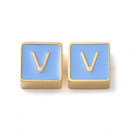 304 Stainless Steel Enamel Beads, Real 14K Gold Plated, Square with Letter, Letter V, 8x8x4mm, Hole: 2mm(STAS-L022-293G-V)