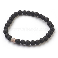 Natural Lava Rock Beads Stretch Bracelets, with Brass Micro Pave Cubic Zirconia Findings, Round, Rose Gold, 2 inch(5cm), Box: 9x6.5x2.7cm(BJEW-JB03839-04)