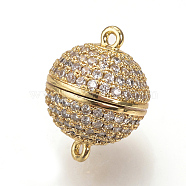 Brass Micro Pave Cubic Zirconia Magnetic Clasps with Loops, Round, Golden, 14x10mm, Hole: 1mm(ZIRC-S058-04G-10mm)