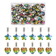 48Pcs 2 Styles Large Hole Alloy European Dangle Charms, with Electroplated Glass Pendants, Heart & Star, Antique Silver, Colorful, 24pcs/style(FIND-YS0001-01)