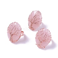 Adjustable Natural Rose Quartz Finger Rings, with Rose Gold Brass Findings, Oval, Size 8, 18mm(RJEW-F085-B02)