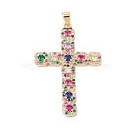 Rack Plating Brass Micro Pave Colorful Cubic Zirconia Pendants, with Junp Ring, Cadmium Free & Nickel Free & Lead Free, Cross, Real 18K Gold Plated, 41x28x3mm, Hole: 5x3.5mm(ZIRC-C040-27G)