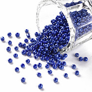 (Repacking Service Available) Glass Seed Beads, Opaque Colors Lustered, Round, Blue, 8/0, 3mm, Hole: 1mm, about 12g/bag(SEED-C021-3mm-128)