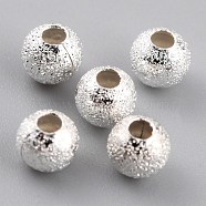Long-Lasting Plated Brass Beads, Textured Beads, Round, 925 Sterling Silver Plated, 4mm, Hole: 1.5mm(KK-O133-004A-S)