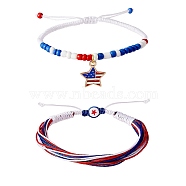 2Pcs 2 Color Alloy Enamel Star Charms Braided Bead Bracelet, Glass Seed Bead Beaded Adjustable Bracelets for Independence Day, Mixed Color, Inner Diameter: 2~3-3/8 inch(5~8.6cm), 1Pc/color(BJEW-SW00046)