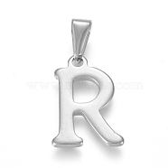 304 Stainless Steel Pendants, Stainless Steel Color, Initial Letter.R, 20x14x1.8mm, Hole: 3x7mm(STAS-F106-95P-R-01)