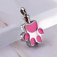 Openable Stainless Steel Memorial Urn Ashes Pendants, with Enamel, Paw Print, Hot Pink, 26.5x16.5mm(BOTT-PW0002-027B)