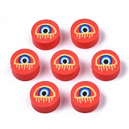 Handmade Polymer Clay Beads, Flat Round with Evil Eye, Red, 9.5~10x4.5mm, Hole: 1.6mm(CLAY-N007-004-05)