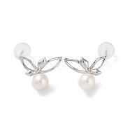 Natural Pearl Stud Earrings for Women, with Sterling Silver Pins, Flower, 13x10mm(EJEW-C083-07C-P)