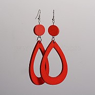 Trendy Teardrop Wood Dangle Earrings, with Platinum Plated Iron Earring Hooks, Red, 105x45mm, Pin: 0.8mm(EJEW-F0090-07B)