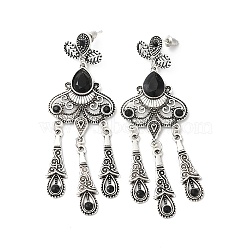 Resin Moth Chandelier Earrings, Antique Silver Alloy Teardrop Tassel Earrings for Women, Black, 78mm, Pin: 0.8mm(EJEW-D054-05AS-02)