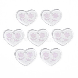 Transparent Resin Pendants, with Glitter Powder, Heart with Flower, Pink, 17x20x2mm, Hole: 1.4mm(RESI-N030-001E)