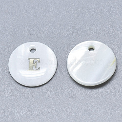 Natural White Shell Mother of Pearl Shell Charms, with Iron Sticker, Flat Round with Letter, Letter.E, 13x2mm, Hole: 1.5mm(SSHEL-N036-053E)