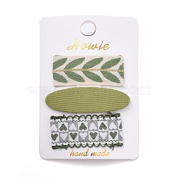Cloth Snap Hair Clips Set, with Platinum Iron Snap Clips, Rectangle & Oval, with Heart & Leaf Pattern, Dark Sea Green, 59~70x21~24x2~5.5mm, 3pcs/set(PHAR-D010-01B)