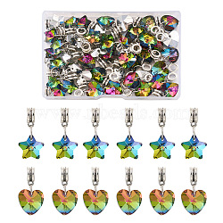 48Pcs 2 Styles Large Hole Alloy European Dangle Charms, with Electroplated Glass Pendants, Heart & Star, Antique Silver, Colorful, 24pcs/style(FIND-YS0001-01)