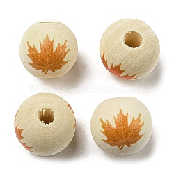 Autumn Wood European Beads, Printed Large Hole Beads, Round, Leaf, 16mm, Hole: 4mm(WOOD-H105-04D-01)