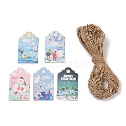 50Pcs Christmas Theme Paper Printed Gift Tags, with Hemp Rope, Rectangle, Mixed Color, 5x3x0.04cm(CDIS-H007-08)