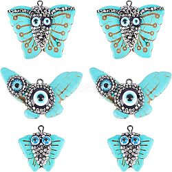 Nbeads 6Pcs 3 Style Synthetic Turquoise Pendants, with Polymer Clay Rhinestones, Evil Eye Resin and Gunmetal Iron Loop, Dyed, Butterfly, Turquoise, 2pcs/style(TURQ-NB0001-04)