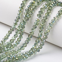 Electroplate Transparent Glass Beads Strands, Half Green Plated, Faceted, Rondelle, Light Green, 4x3mm, Hole: 0.4mm, about 145pcs/strand, 18.9 inch(48cm)(X-EGLA-A034-T4mm-S11)