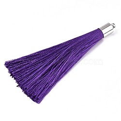 Fiber Tassel Big Pendant Decorations, with Platinum Plated Brass Finding, Purple, 70~73x7~25mm, Hole: 1.8mm(FIND-R085-014)