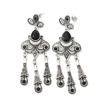 Resin Moth Chandelier Earrings, Antique Silver Alloy Teardrop Tassel Earrings for Women, Black, 78mm, Pin: 0.8mm