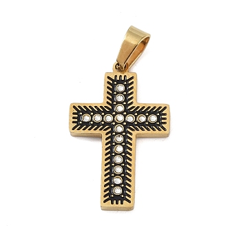 Ion Plating(IP) 304 Stainless Steel Enamel Rhinestone Pendants, Cross Charms, Real 18K Gold Plated, 29x18.5x2.5mm, Hole: 6x4mm
