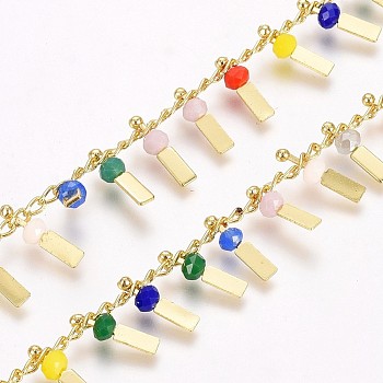 3.28 Feet Handmade Glass Beaded Chains, with Real 18K Gold Plated Brass Curb Chains, Long-Lasting Plated, Soldered, Lead Free & Cadmium Free, Rectangle, Colorful, 2.5x1.8x0.3mm, Rectangle: 9x3x3mm
