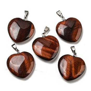 Natural Red Tiger Eye Pendants, Heart, with Brass Findings, Platinum, 22~23x20~20.5x6~7.5mm, Hole: 5x8mm