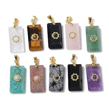 Natural & Synthetic Mixed Stone Faceted Pendants, Rectangle with Sun Charms with Rack Plating Golden Tone Brass Findings, 25x13x7mm, Hole: 5x3.5mm