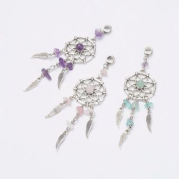 Alloy European Dangle Charms, with Mixed Stone, Large Hole Pendants, Woven Net/Web with Feather, Antique Silver, 101mm, Hole: 4.5mm