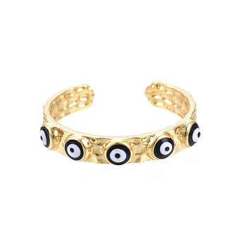 Real 18K Gold Plated Brass Open Cuff Ring with Enamel Evil Eye for Women, Nickel Free, Black, US Size 8(18.1mm)
